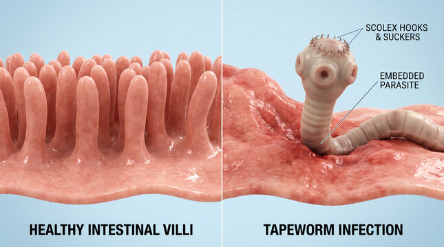 Tapeworm Infection in Intestine vs Healthy Villi 3D Medical