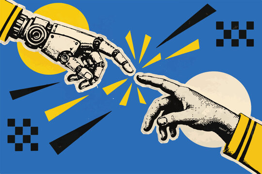 Human AI Connection Robotic and Human Hands Retro Pop Art Vector Illustration