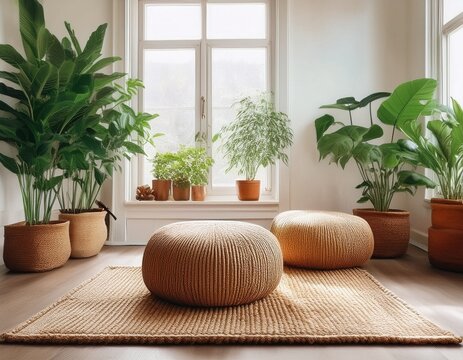 jute rug and pouf in a bright cozy living room with house plants sustainable interior design concept for eco home decor catalogs