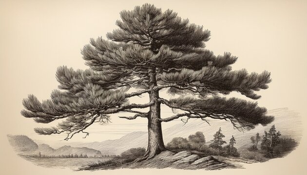 vintage botanical engraving of a solitary scots pine n ai generative