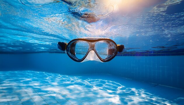 swimming goggles on blue water surface in summer swimming pool with sunlight caustic underwater spectacles for diving leisure and vacation