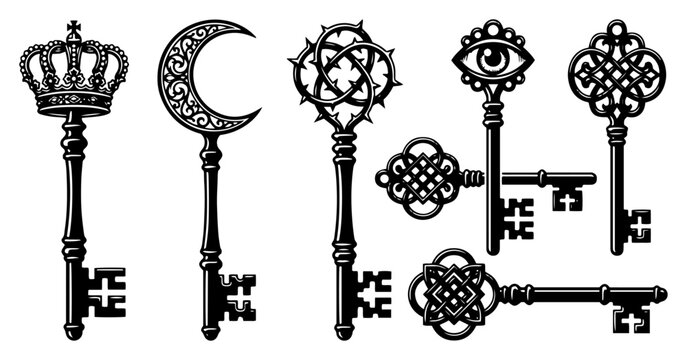 Antique ornate keys with moon and crown symbols silhouette style
