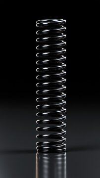 Shiny metallic coil spring standing upright with reflective highlights on a dark gradient background showcasing industrial strength and flexibility