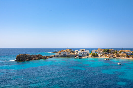 View of coastal bay with beautiful beach of Lefkos on Karpathos island, Greece