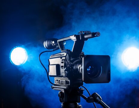 professional broadcast camera silhouetted against dramatic blue studio lights and atmospheric smoke ready for action