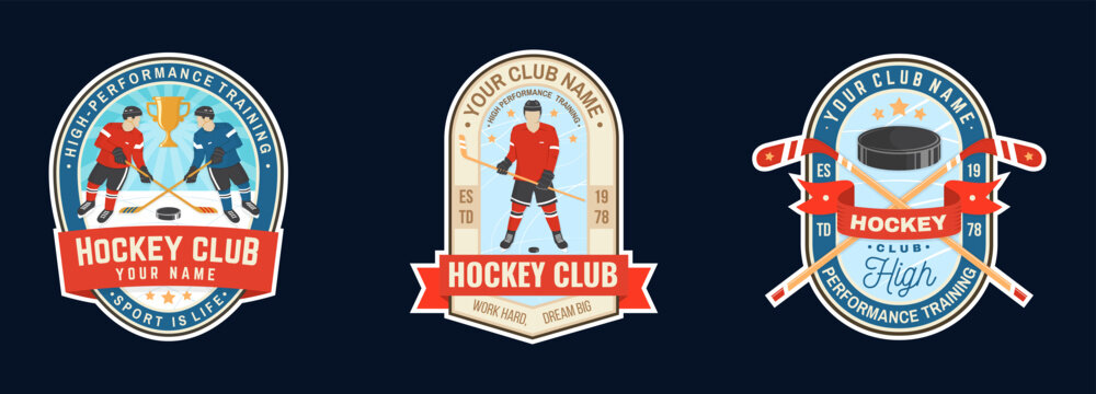 Vintage Ice Hockey Club Sticker Collection with Hockey Players, Crossed Sticks, Puck, Sport Badges, Team Emblems and Retro Athletic Typography for Winter Sports Branding and Apparel