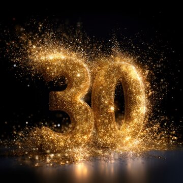 Golden sparkling number thirty made of shimmering glitter particles glowing brightly on a dark background with radiant reflections for celebration designs