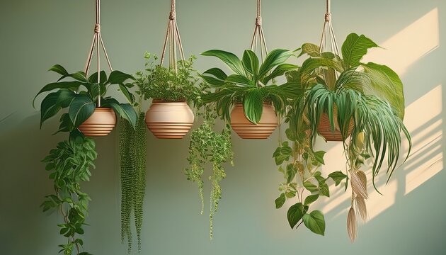 decorative hanging potted plants with lush cascading greenery foliage and botanical houseplants for modern minimalist home or office interior design organic