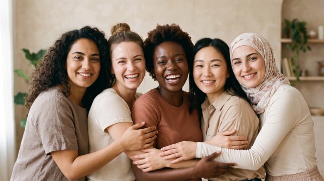 Multicultural women embracing with joyful expressions, showcasing worldwide female friendship, cross cultural understanding, collective strength, and mutual respect.