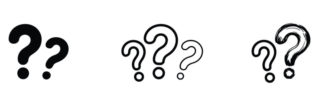 Multiple Question Marks Icon Set representing confusion, uncertainty, doubt, curiosity, inquiry, hesitation, and unanswered questions in different styles