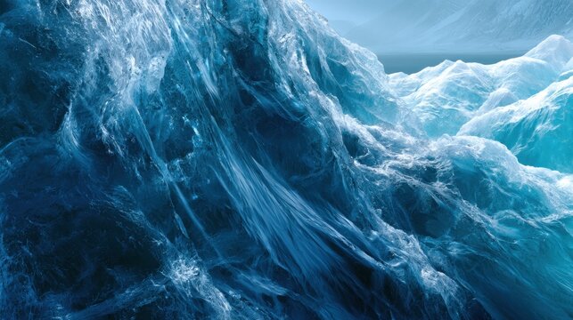 Stunning deep blue glacier ice formation with intricate textures and light reflections showcasing the natural beauty of frozen landscapes under clear skies