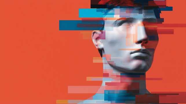 A digital portrait of a male bust with pixelated glitches and vibrant color blocks on an orange background, symbolizing disruption or digital identity.