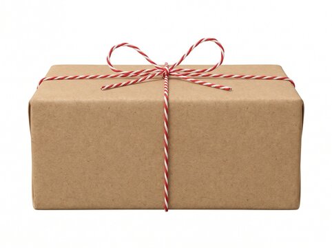Gift box wrapped in brown paper with red and white twine bow isolated on white background