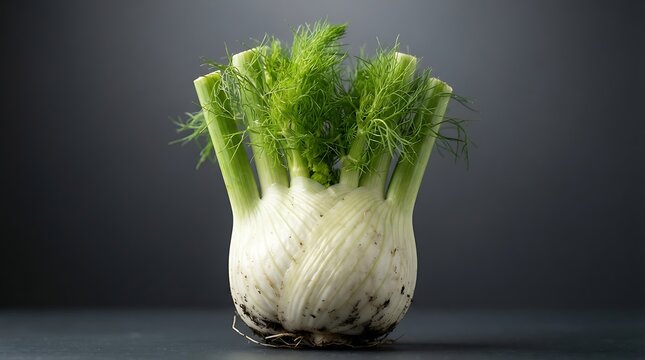 Fresh fennel bulb with green fronds isolated on neutral background for food marketing