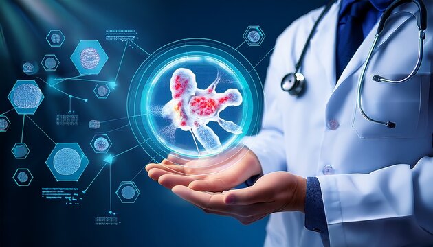 bone marrow donation hematology stem cells doctor medical healthcare expert holding an infographic showing blood cell production from bone for life saving clinical therapy