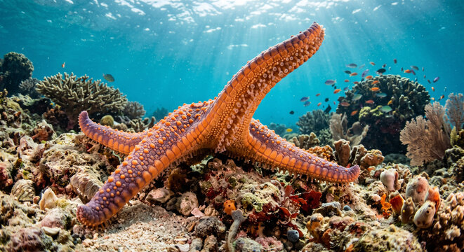Underwater view of a vibrant orange starfish resting on a sunlit coral reef