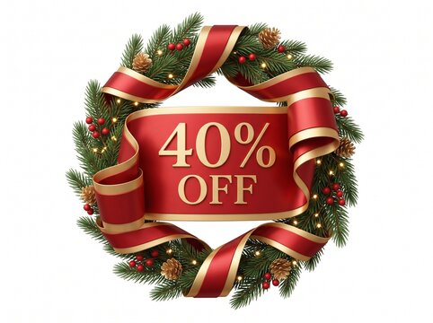 Christmas wreath with 40% off red ribbon banner for holiday sale