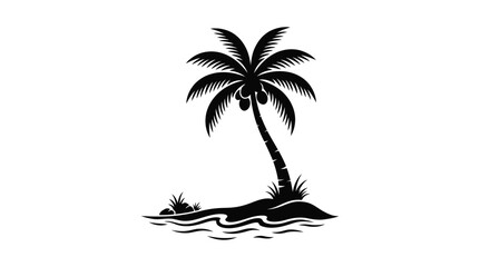 Fototapeta premium Palm tree silhouette on island with waves black and white graphic