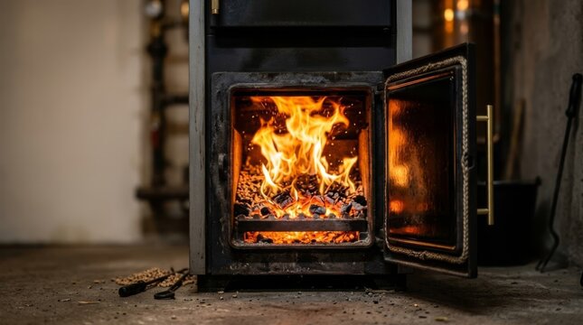 Close-up of a pellet boiler firebox with flames and glowing embers, low angle view highlighting the amber glow and modern home heating.