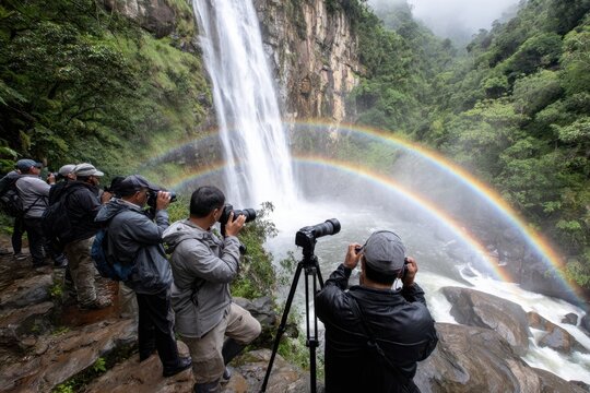 Photographers capture stunning waterfall with double rainbow in lush forest setting