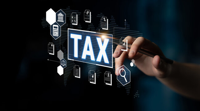 Digital tax concept with futuristic display and icons representing financial documents, payments, forms, and data analysis for modern tax practices Fluxor.