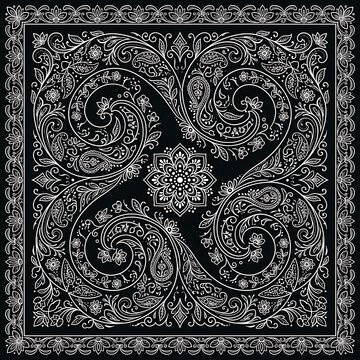 Black white floral rosette paisley bandana scarf print pattern design