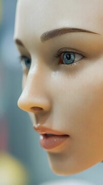 A detailed image of a robotic head with mechanical features and expressionless face