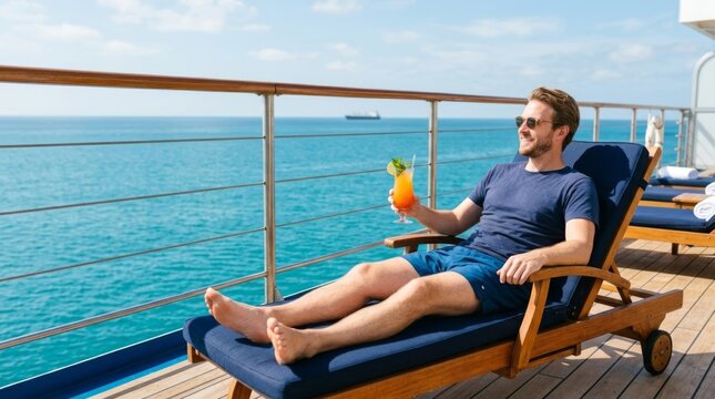 Man relaxing with cocktail on cruise ship deck, enjoying ocean view from lounge chair