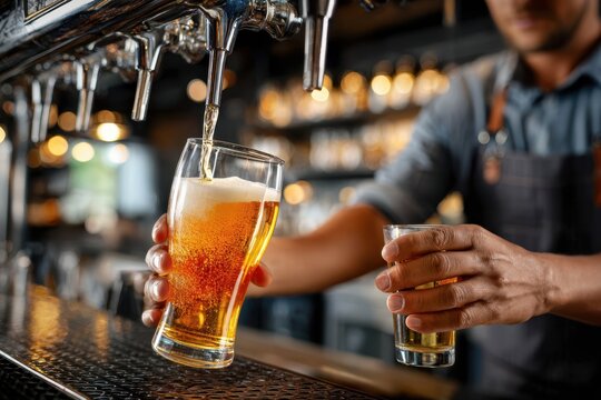 Pouring craft beer at a bustling bar during the evening