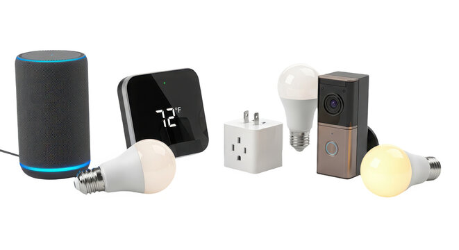 Collection of smart home devices isolated on transparent background