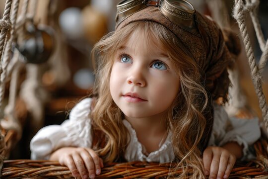 Little girl dressed as a pirate explorer gazes with wonder in a whimsical setting