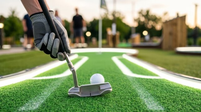 Close-up of hand in golf glove holding putter over ball on mini golf course with luminous markings