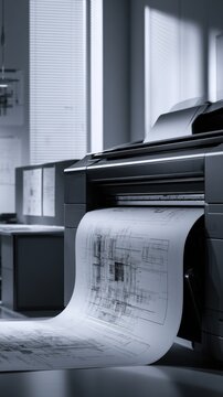 Large format printer producing technical architectural blueprints in a modern office environment with natural light filtering through blinds