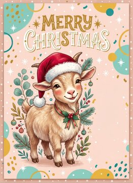 Festive Holiday Goat. Cute baby goat wearing Santa hat, Merry Christmas greeting card illustration for winter holiday season stationery and party invitations.