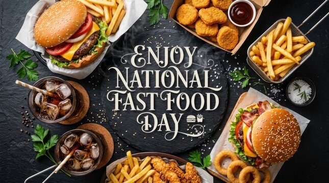 Fast food feast with burgers, french fries, chicken nuggets, and onion rings on a dark slate background for National Fast Food Day celebration