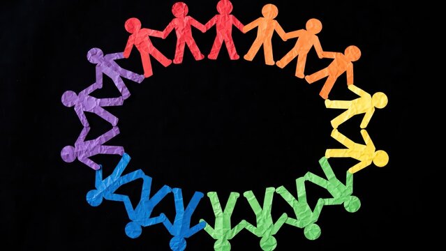 Rainbow colored paper chain people forming a circle on black background, representing diversity, inclusion, unity, equality, teamwork, and Pride Month celebrations