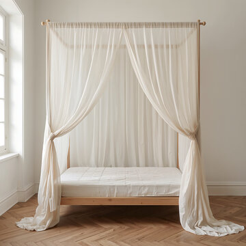 A four poster wooden bed frame with sheer white curtains draped elegantly on the sides in a bright bedroom with herringbone pattern wood floor