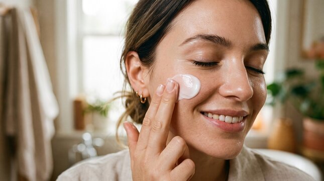 Woman smiling happily as she applies white cosmetic lotion to her cheekbone during an effortless morning beauty routine in a sunlit room focused on personal hygiene and care.
