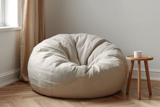 Comfortable beige fabric bean bag chair placed in a bright room corner next to a small wooden side table with a white ceramic cup on