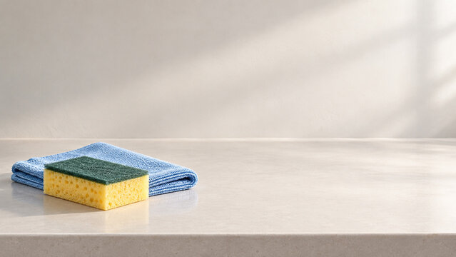 Cleaning sponge and folded cloth with wide copy space