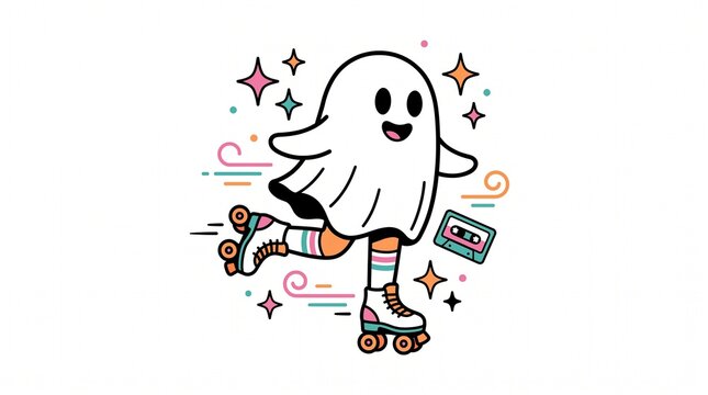Retro Roller Skating Ghost 80s Disco Halloween Vector Clipart