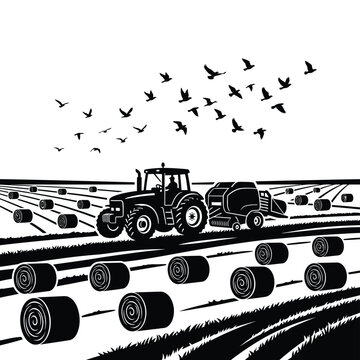 Black and white vector tractor harvesting hay bales illustration