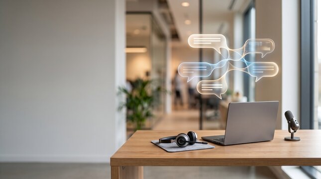 Laptop with headset and digital chat bubbles on a wooden office desk