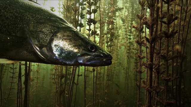 Extreme close up on the silver head of a zander in profile. The fish stays motionless inside a dense milfoil bed in a French lake. The eye and gill cover fill the frame in green water.