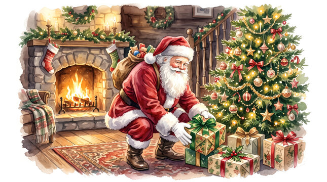 Santa Claus kneels down to place colorful wrapped gifts under a Christmas tree in a cabin. A warm fire burns in the fireplace, creating a festive mood