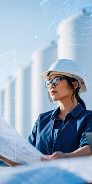 Female industrial engineer with hardhat and blueprints at storage tanks for industrial background and technical poster design