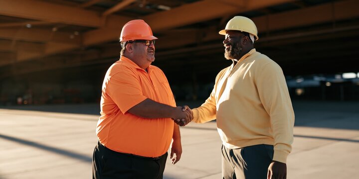 Construction workers shaking hands wearing safety helmets outdoors at a worksite for partnership banner and industry presentation