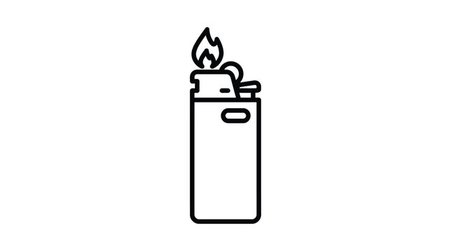 Lighter with flame black line drawing on a white background