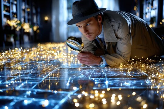Detective examines clues on a glowing floor with a magnifying glass in a dimly lit room