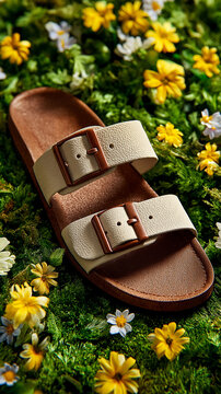 Brown and cream buckle sandal rests among yellow flowers and green moss. Suited to commercial concepts, digital banners and trend-focused content.